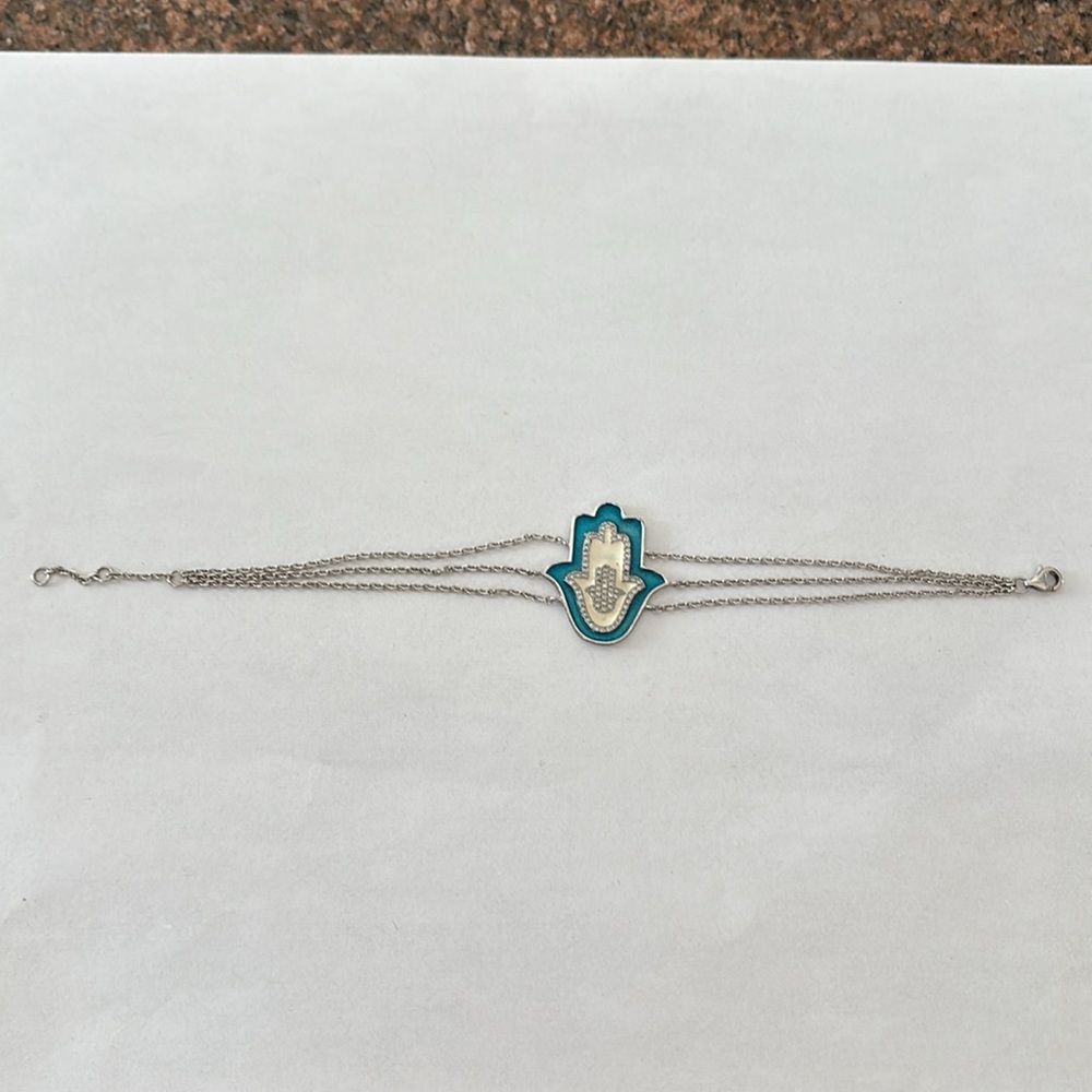 925 Silver crystal Blue Hamsa Charm 3 strand lobster claw bracelet - Picture 14 of 14